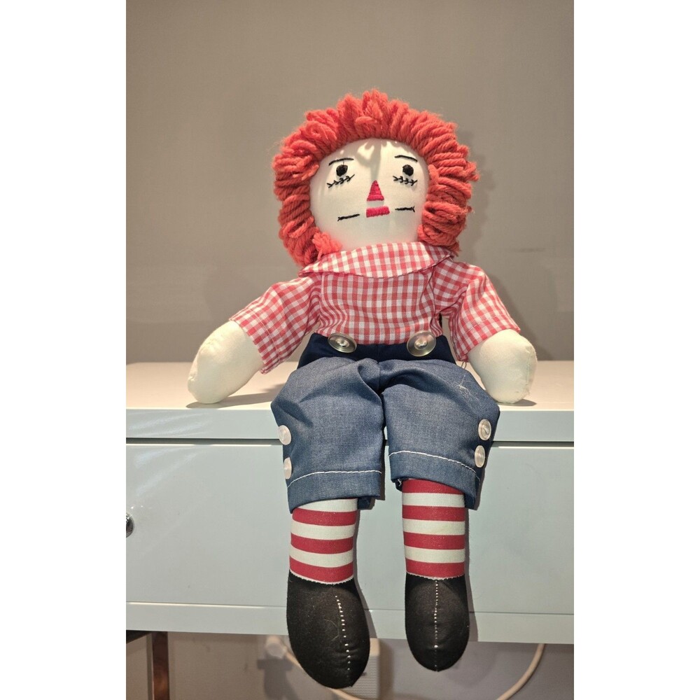 Vintage Style Raggedy Andy Rag Doll Red Yarn Hair Gingham Shirt Denim Shorts